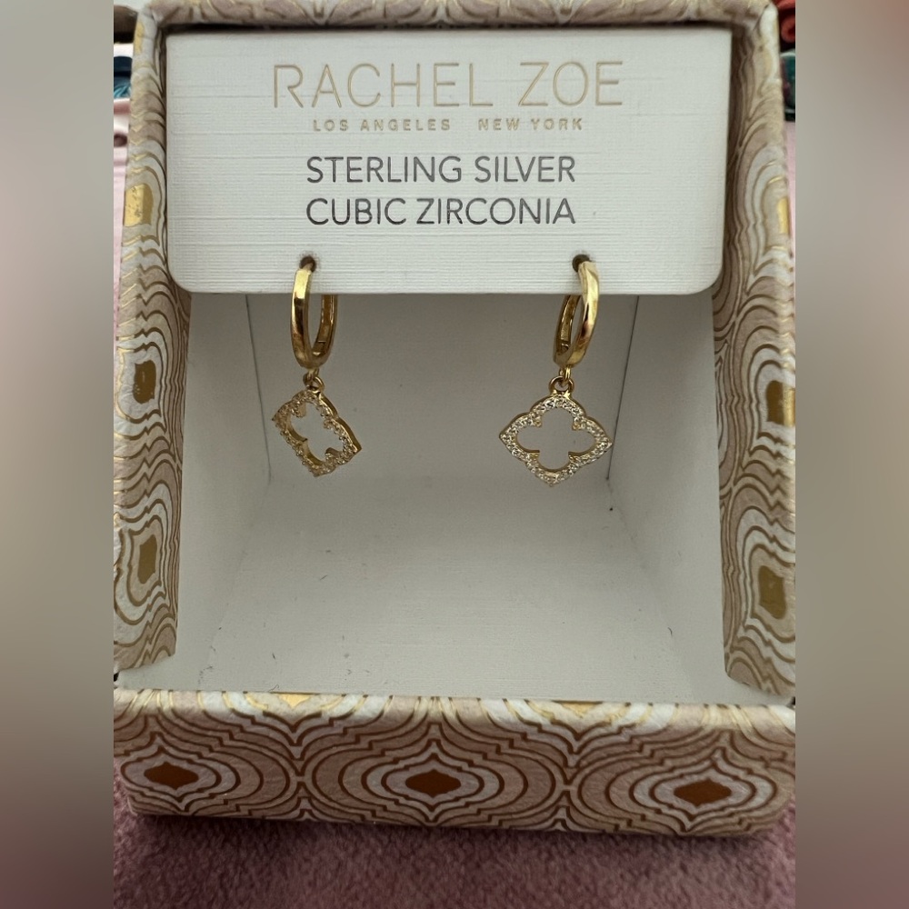 Rachel Zoe Sterling Silver CZ Drop Earrings Dangle Hoops